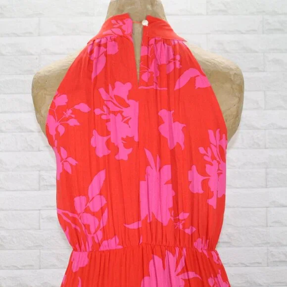 Dress Maxi Halter Floral Tiered Tropical Summer Sleeveless Orange Pink Small - Picture 6 of 15